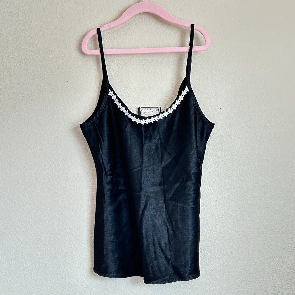Vintage Womens Cami Top Size L Black Fairy Grunge Y2K Dainty Flower Trim Anxiety